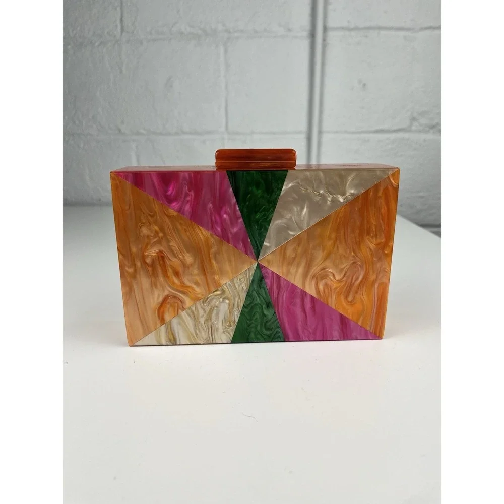 Marbled Acrylic Clutch Bag Art Deco Patchwork Evening Orange Pink Gold Chain